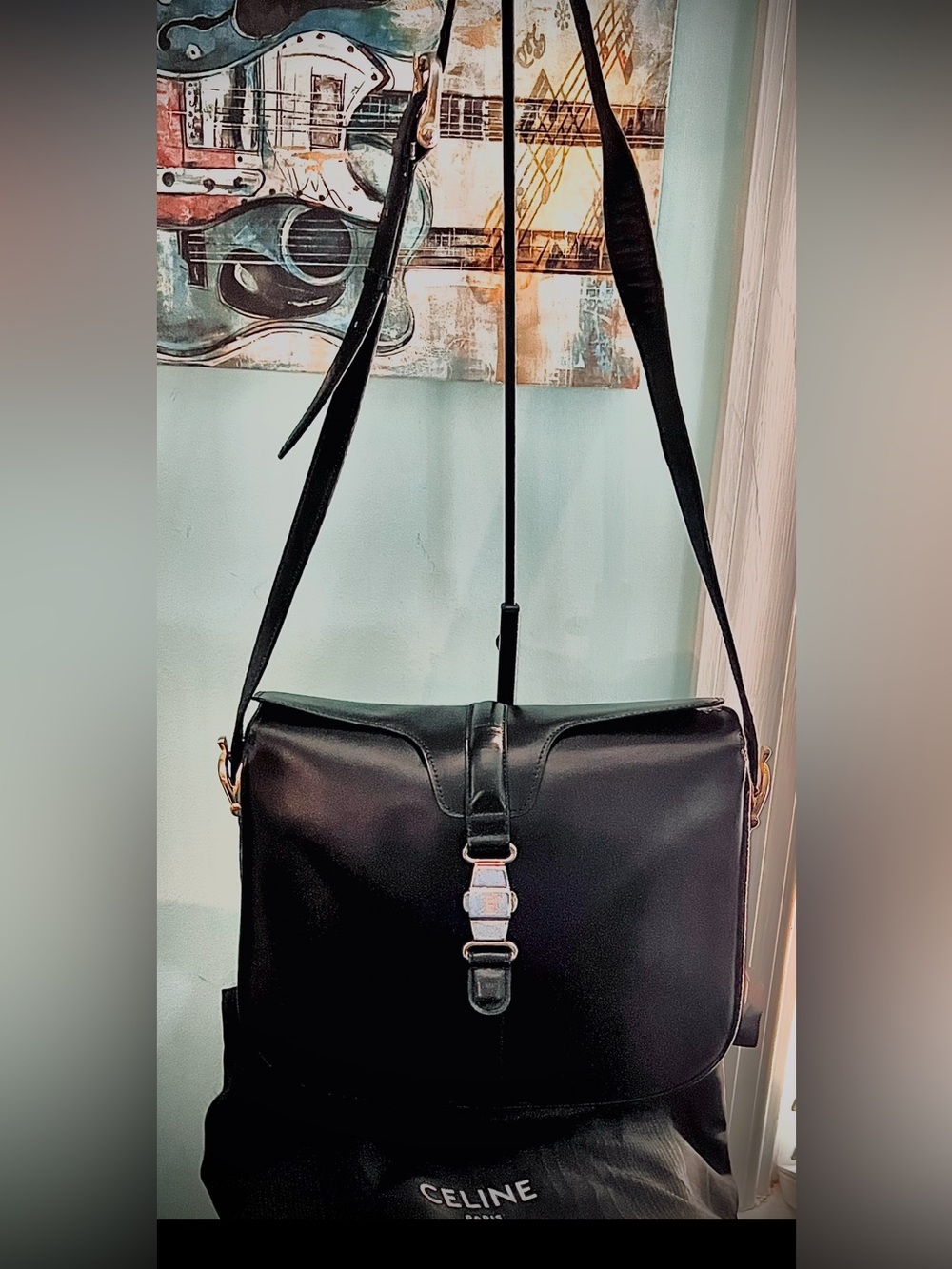 Celine”Vntg.Triomphe” 🤩Black Leather Shoulder Bag /Golden Hdwe.
/READ&👀/Nice/DB